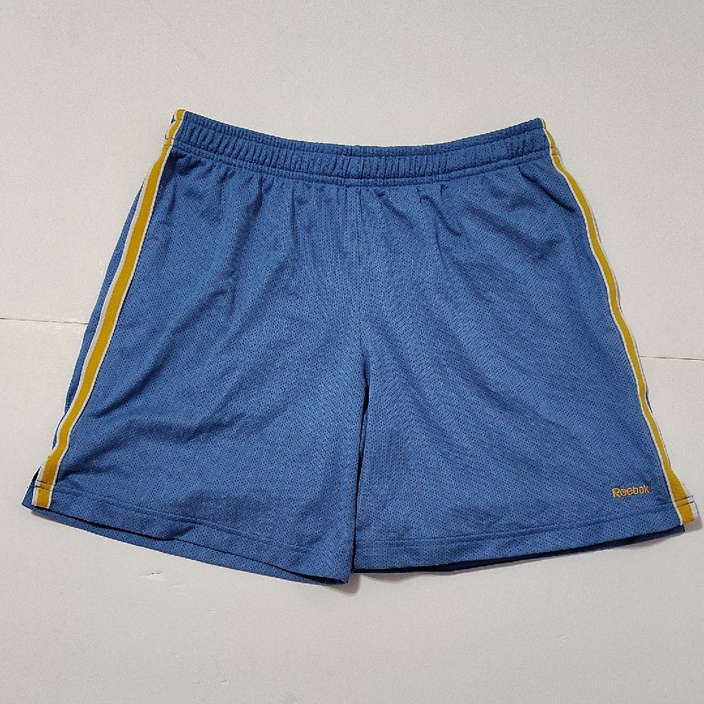Reebok Mens Basketball Shorts Drawstring Elastic Waist,Blue with Yellow Stripes